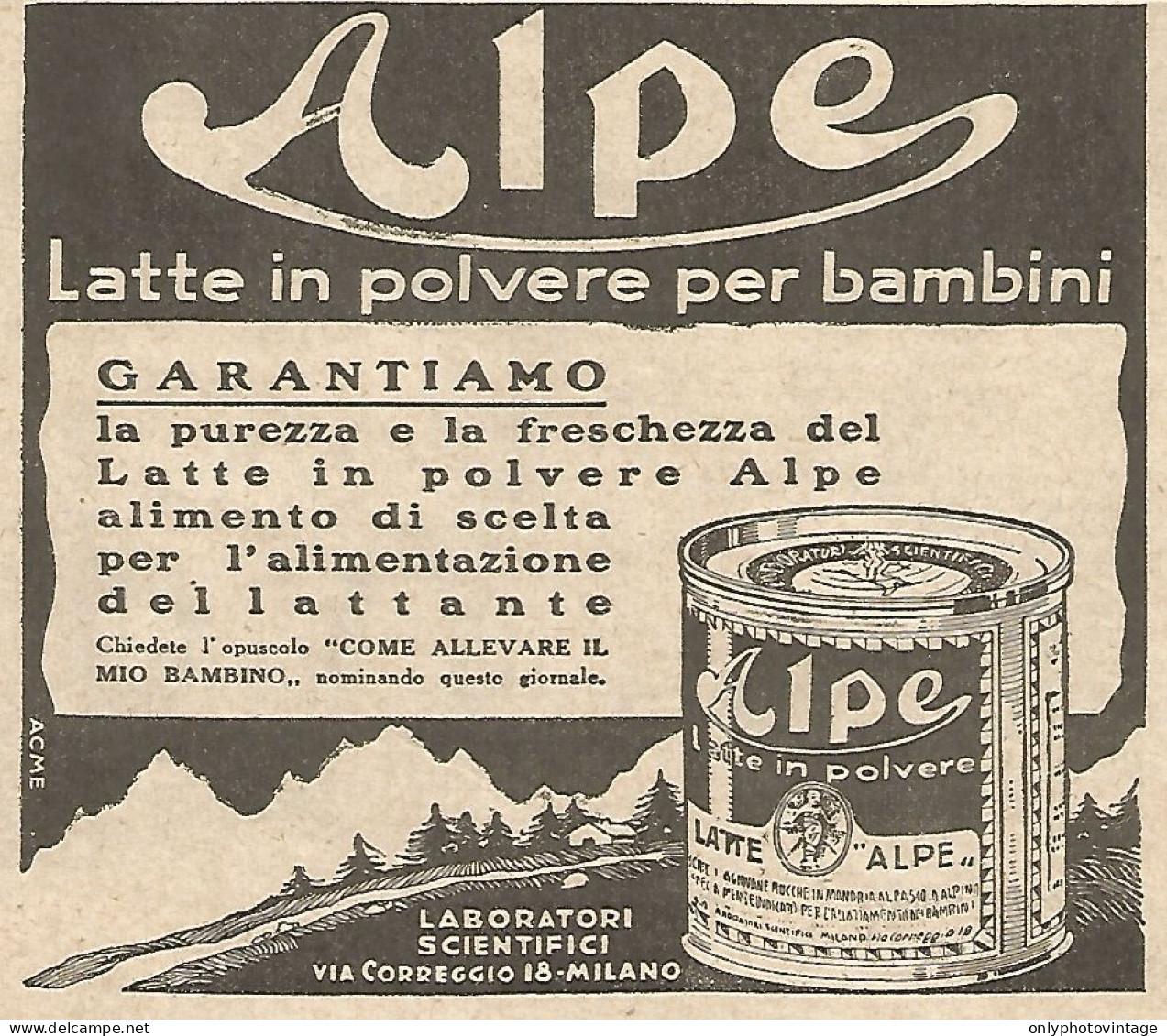 ALPE Latte In Polvere Per Bambini - Pubblicità Del 1934 - Vintage Advert - Werbung