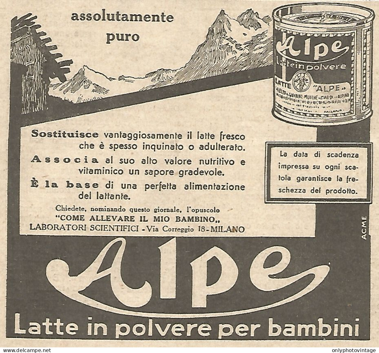 ALPE Latte In Polvere Per Bambini - Pubblicità Del 1934 - Vintage Advert - Werbung