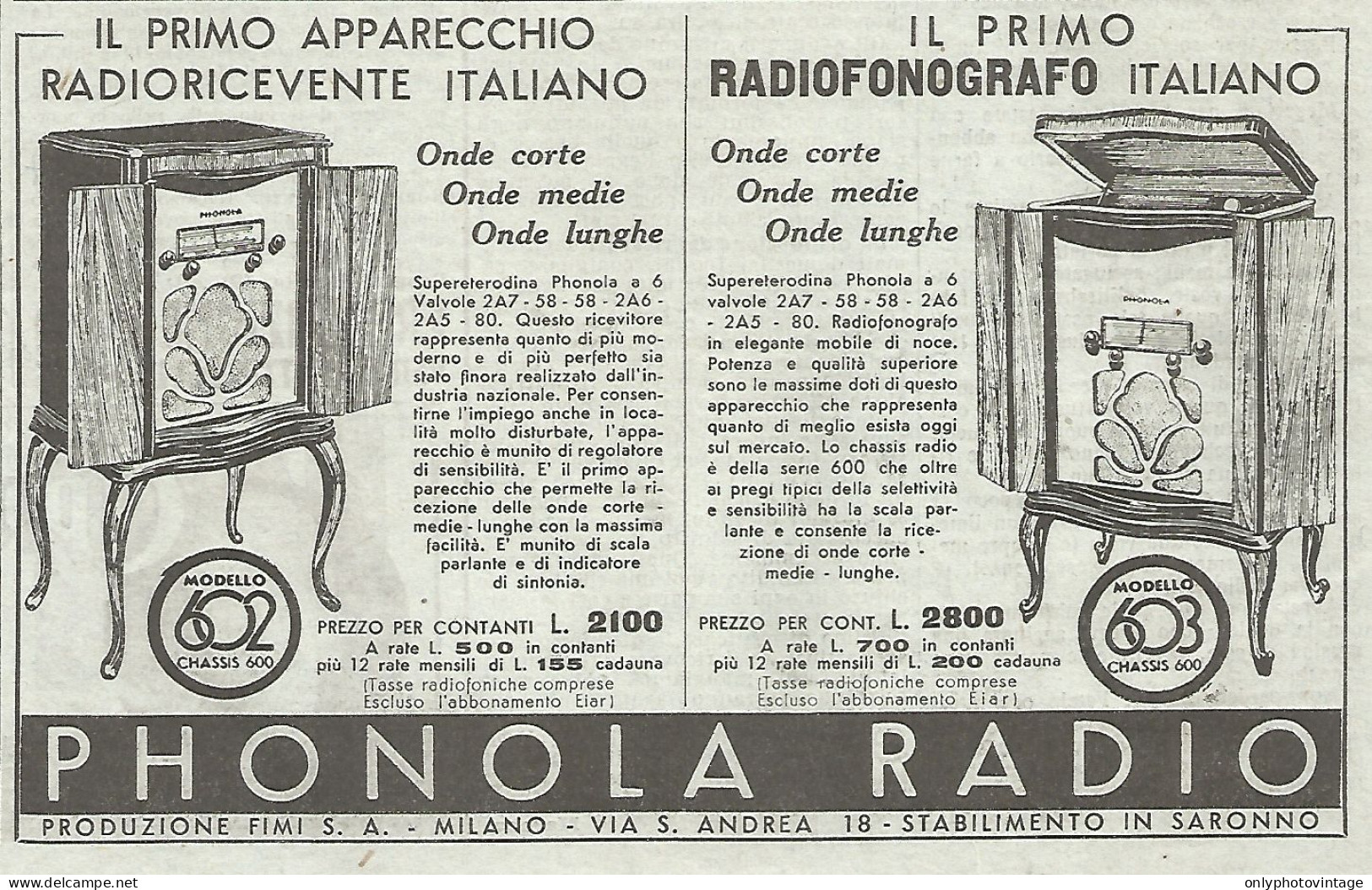 PHONOLA Radio - Modello 603 - Pubblicità Del 1934 - Vintage Advertising - Werbung