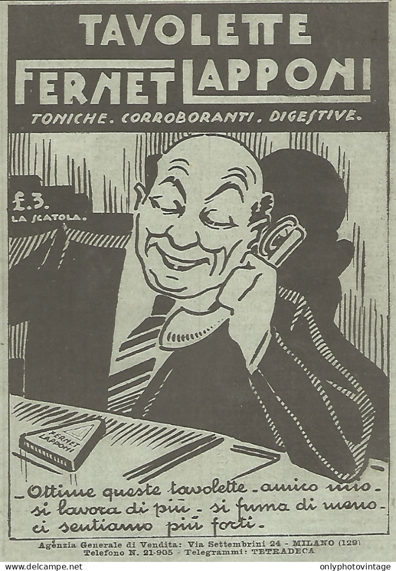 Tavolette Fernet Lapponi - Pubblicità Del 1931 - Vintage Advertising - Pubblicitari