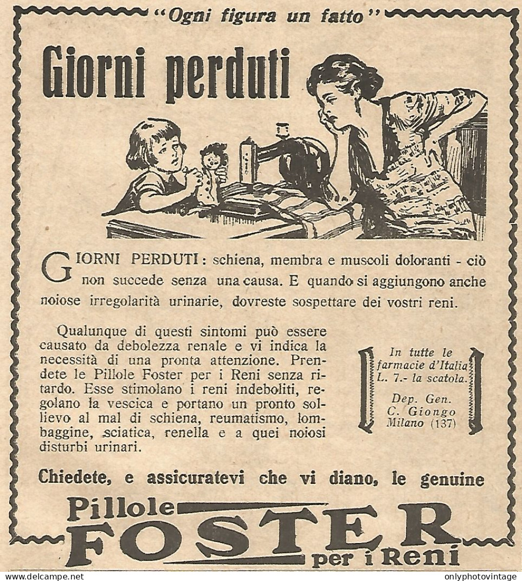 Pillole FOSTER - Giorni Perduti - Pubblicità Del 1931 - Vintage Advert - Pubblicitari