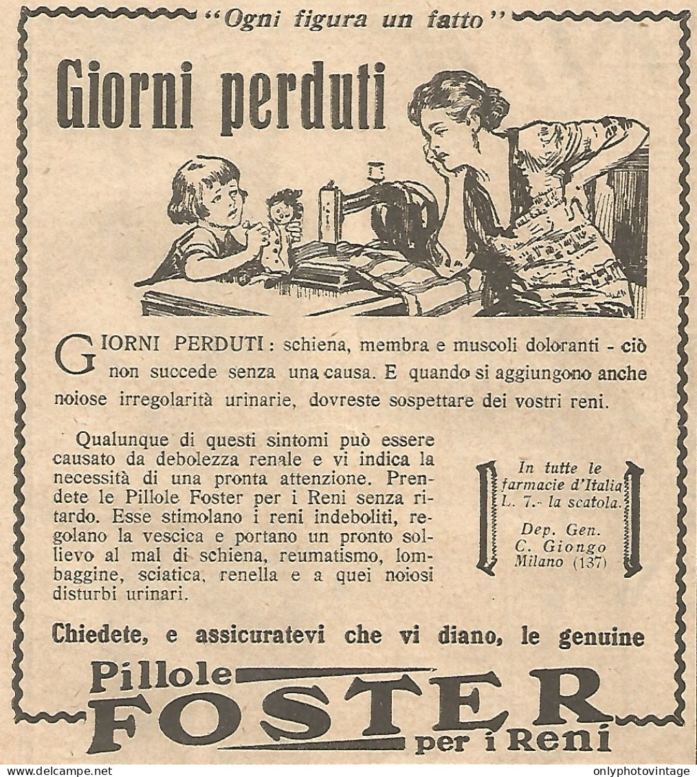 Pillole FOSTER - Giorni Perduti - Pubblicità Del 1931 - Vintage Advert - Pubblicitari