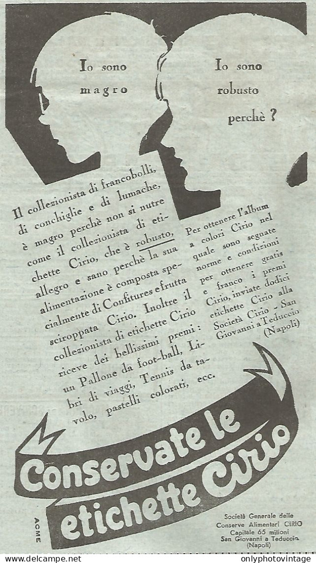 Conservate Le Etichette CIRIO - Pubblicità Del 1931 - Vintage Advertising - Werbung