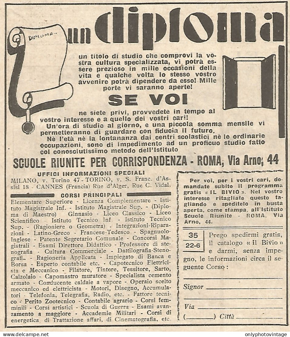 Scuole Riunite Per Corrispondenza - Roma - Pubblicità Del 1930 - Advert - Advertising