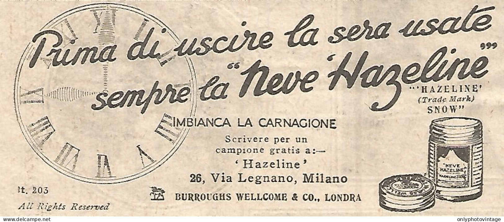 Crema HAZELINE - Pubblicità Del 1930 - Vintage Advertising - Advertising