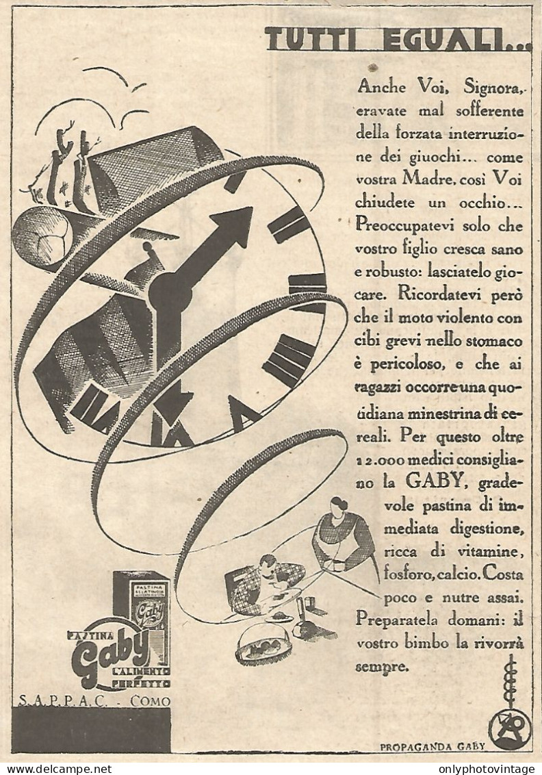 Pastina GABY - Tutti Eguali... - Pubblicità Del 1930 - Vintage Advertising - Publicités