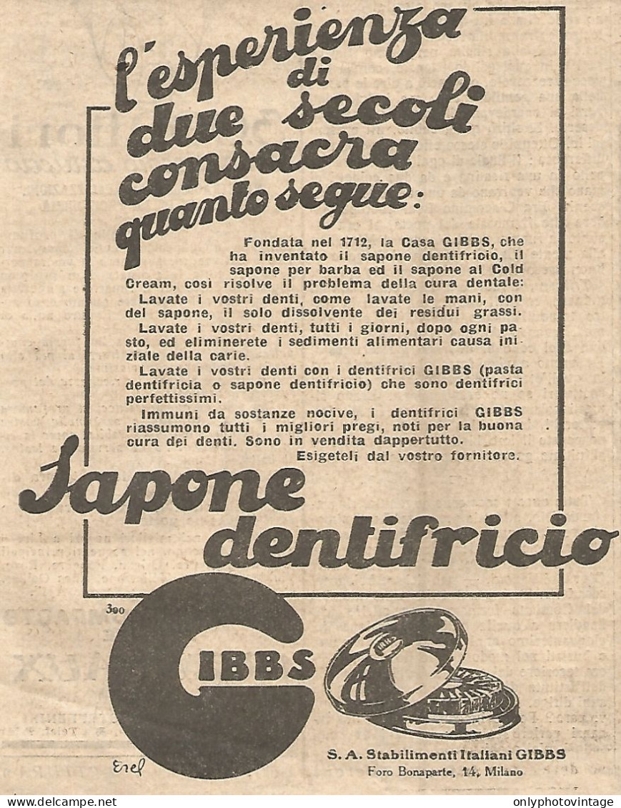 Sapone Dentifricio GIBBS - Pubblicità Del 1930 - Vintage Advertising - Publicités