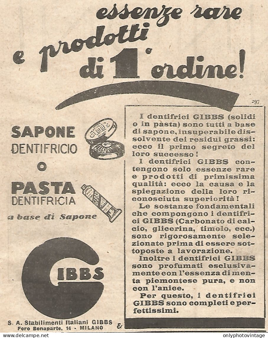 Sapone Dentifricio GIBBS - Pubblicità Del 1930 - Vintage Advertising - Publicités