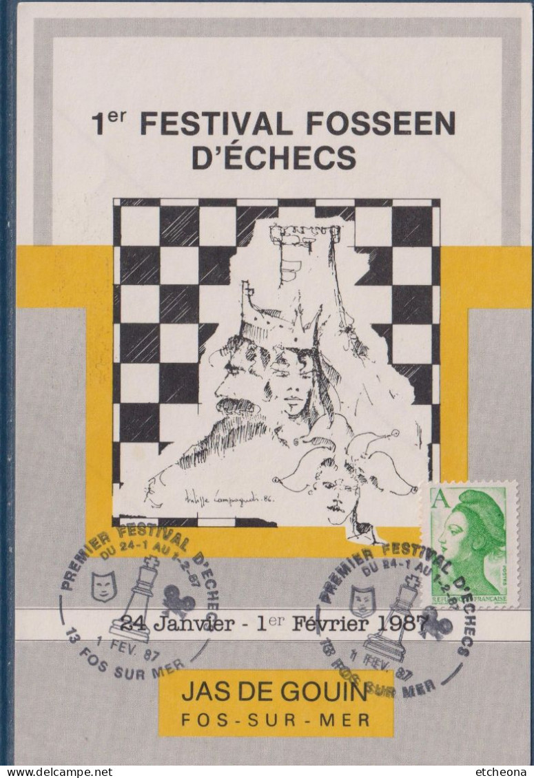 1er Festival Fosséen D'Echecs Du 24-1 Au 1-2 1987 Fos Sur Mer Timbre 2423 Sur Autocollant - Commemorative Postmarks