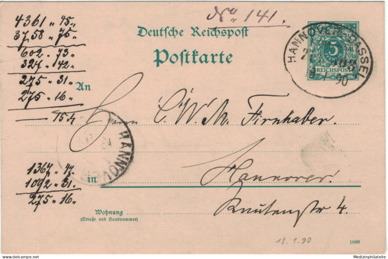 Ganzsache 5 Pfennig Reichspost - Bahnpost Hannover - Cassel 1890 - Briefkaarten