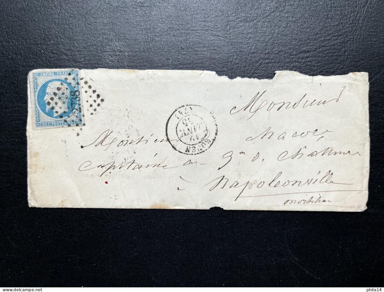 N°14 20c BLEU NAPOLEON SUR LETTRE / ROUEN POUR NAPOLEONVILLE / 12 JANV 1855 / LSC - 1849-1876: Klassik