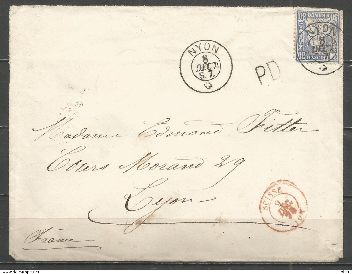 France - LYON - Cachet D'entrée Type 15 Rouge "SUISSE LYON" Sur Lettre De NYON Du 8/12/1870 + "PD" En Noir - 1863-1870 Napoléon III. Laure