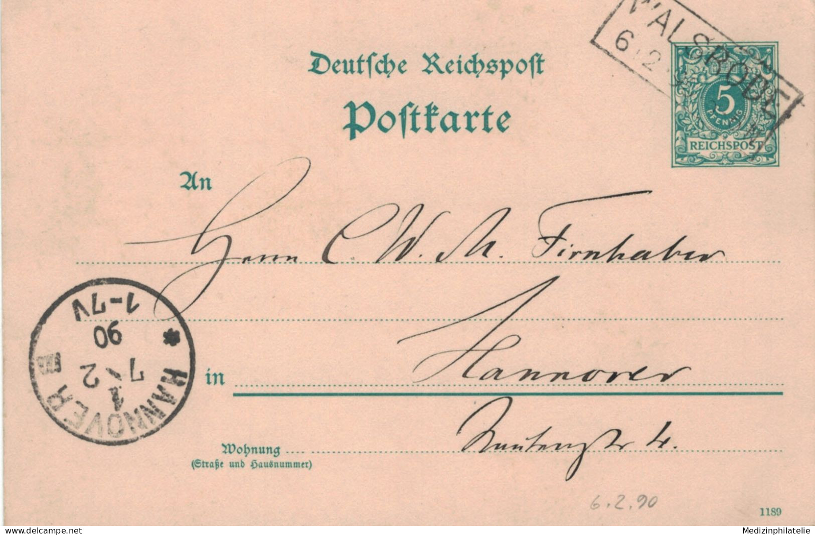 Ganzsache 5 Pfennig Reichspost - Walsbode 1890 > Firnhaber Hannover - Cartes Postales