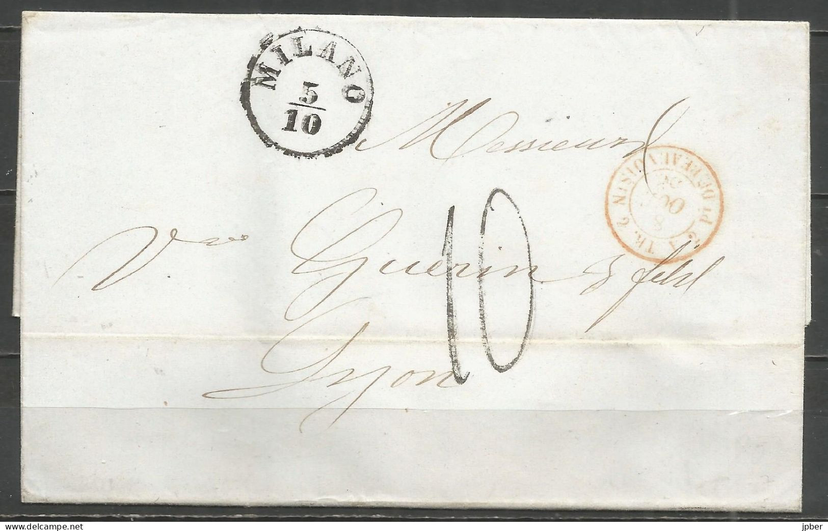 France - LYON - Cachet D'entrée Type 15 Rouge "AUTR. N°2 Pt DE BEAUVOISIN" Sur LAC De MILAN Vers LYON Du 5/10/53 - 1853-1860 Napoléon III.