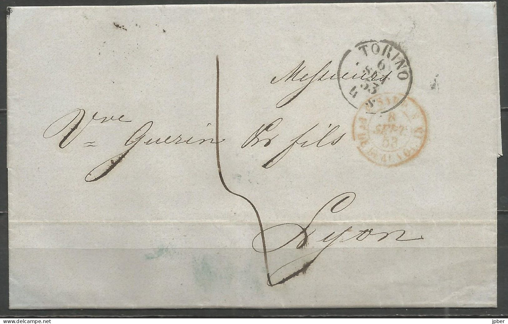 France - LYON - Cachet D'entrée Type 15 Rouge "SARD. N°3 Pt DE BEAUVOISIN" Sur LAC De TURIN Vers LYON Du 6/9/53 - 1853-1860 Napoleone III