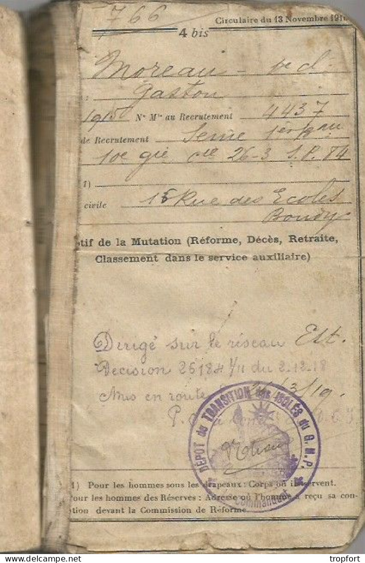 LIVRET MILITAIRE Gaston MOREAU  Noisy Le Sec WW1   CLASSE  1915 Miltaria - Documentos