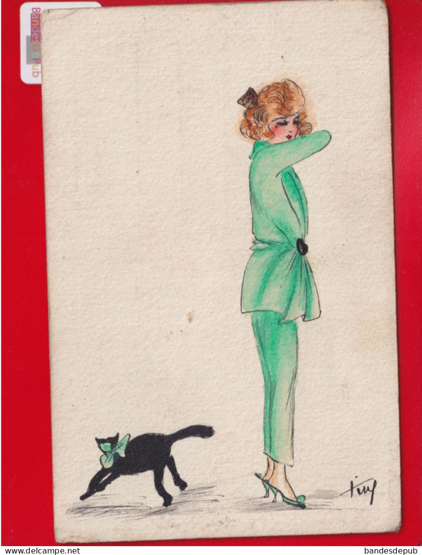 Jolie CPA Femme Chat Peinte à La Main  Dessin Original Carte Lavis Canson  Circa 1020 Style ART DECO Dadu Sauzé Vaussais - Autres & Non Classés