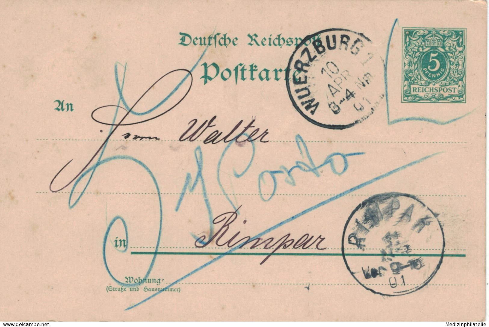 Ganzsache 5 Pfennig Reichspost - Hornschuch Uhrmacher Würzburg 1901 > Walter Rimpar - Briefkaarten