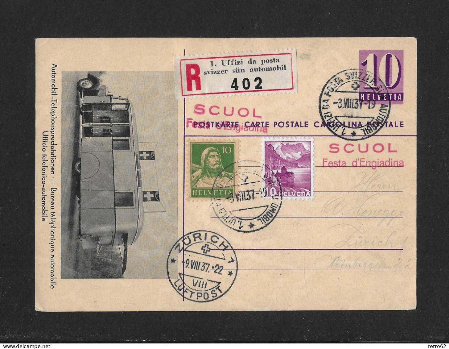1937 CHARGÉ POSTKARTE ► 1. Uffizi Da Posta Svizzer Sün Automobil Mit ZuF Und Spez.Stempel SCUOL Festa D'Engiadina  ►RAR◄ - Stamped Stationery