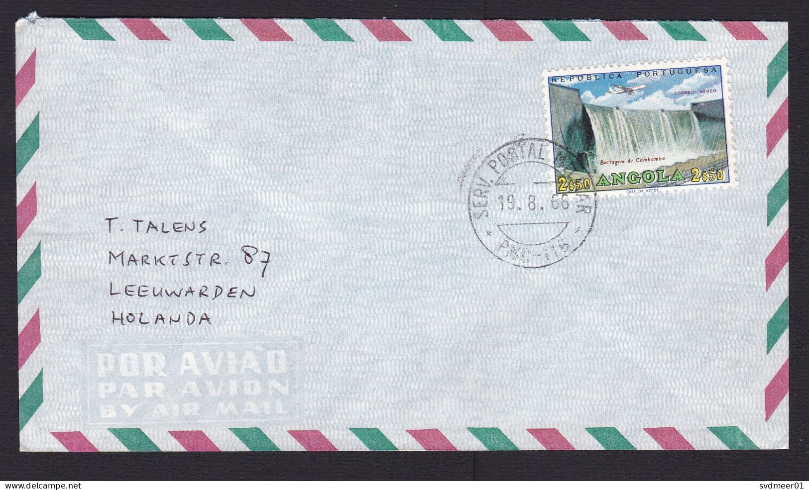 Angola: Airmail Cover To Netherlands, 1969, 1 Stamp, Waterfall, Dam, Water, Military Cancel, Field Post? (traces Of Use) - Angola