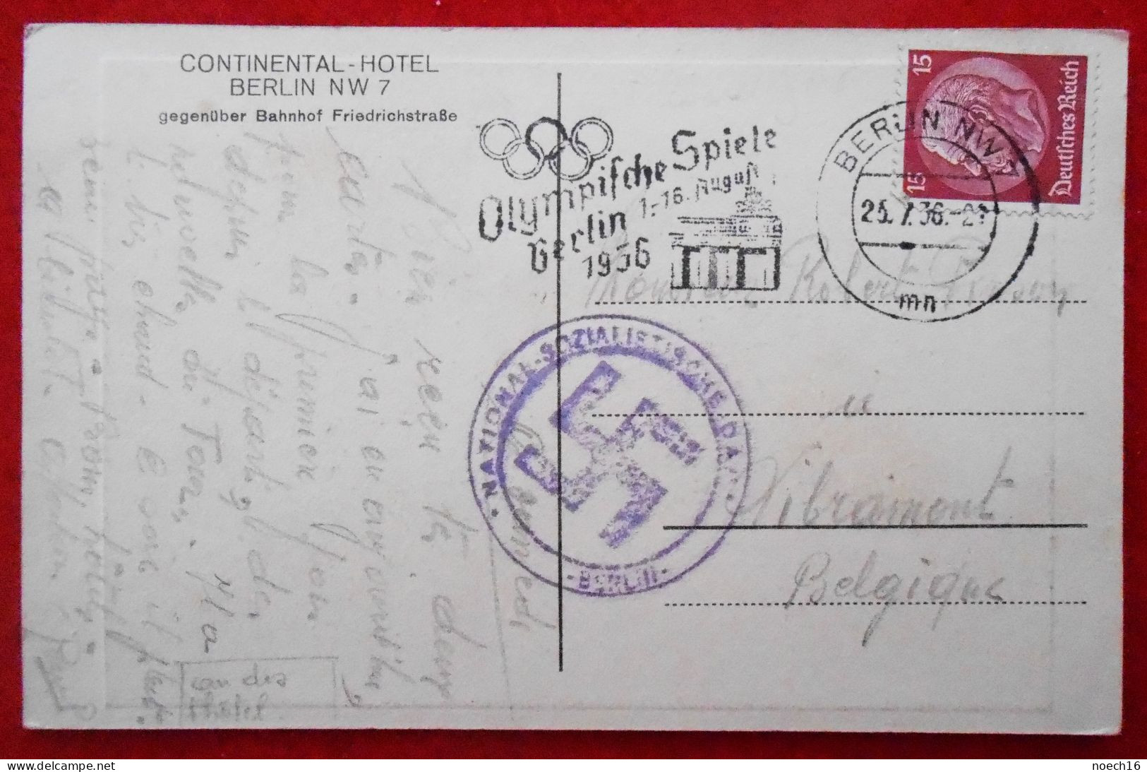 Continental Hotel Berlin. Flamme 1936 Olympische Spiele + Cachet NSDAP. Allemagne - Mitte
