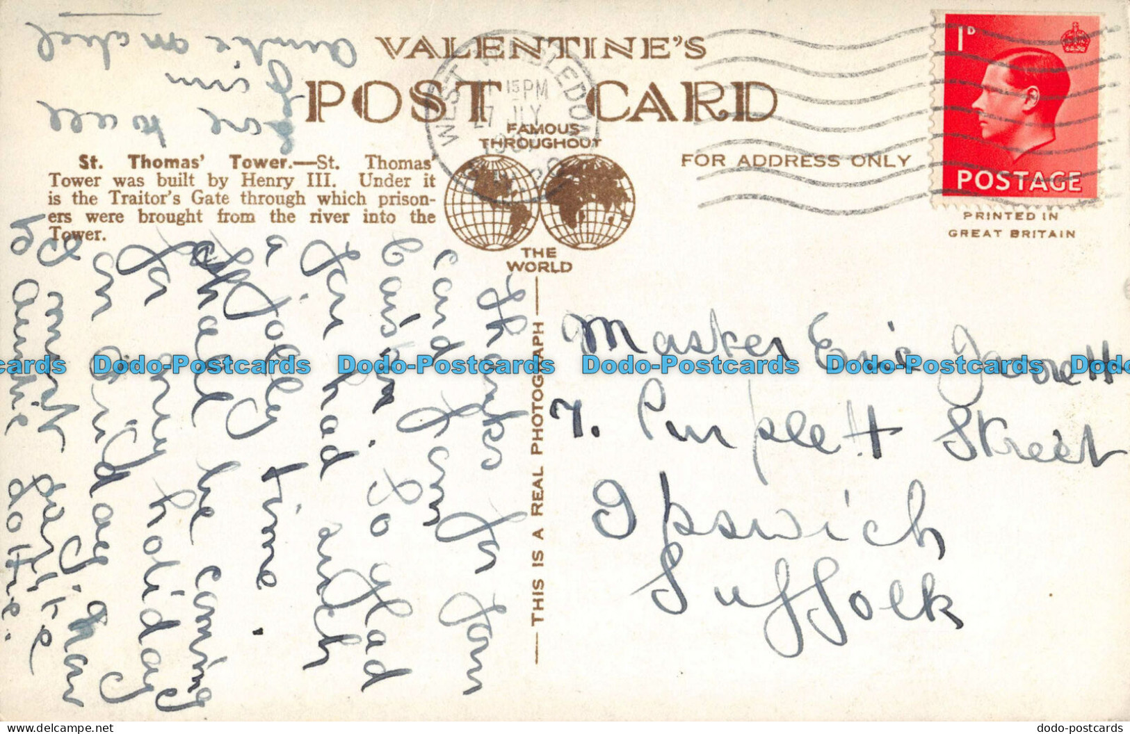 R094265 St. Thomas Tower. Tower Of London. Valentine. No 3423. RP. 1937 - Other & Unclassified