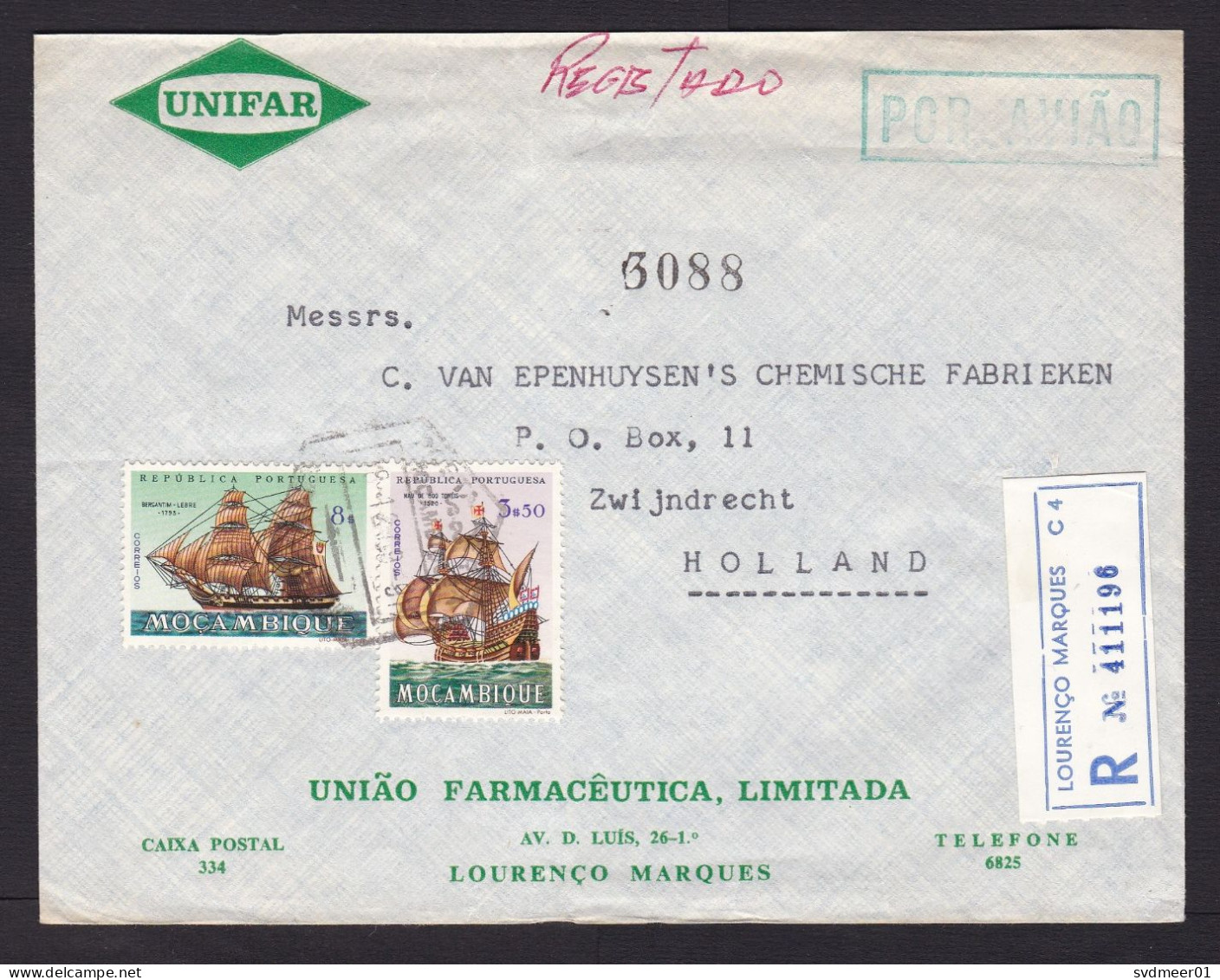 Mozambique: Registered Cover To Netherlands, 1959?, 2 Stamps, Sailing Ship, Naval History, R-label (minor Discolouring) - Mozambique