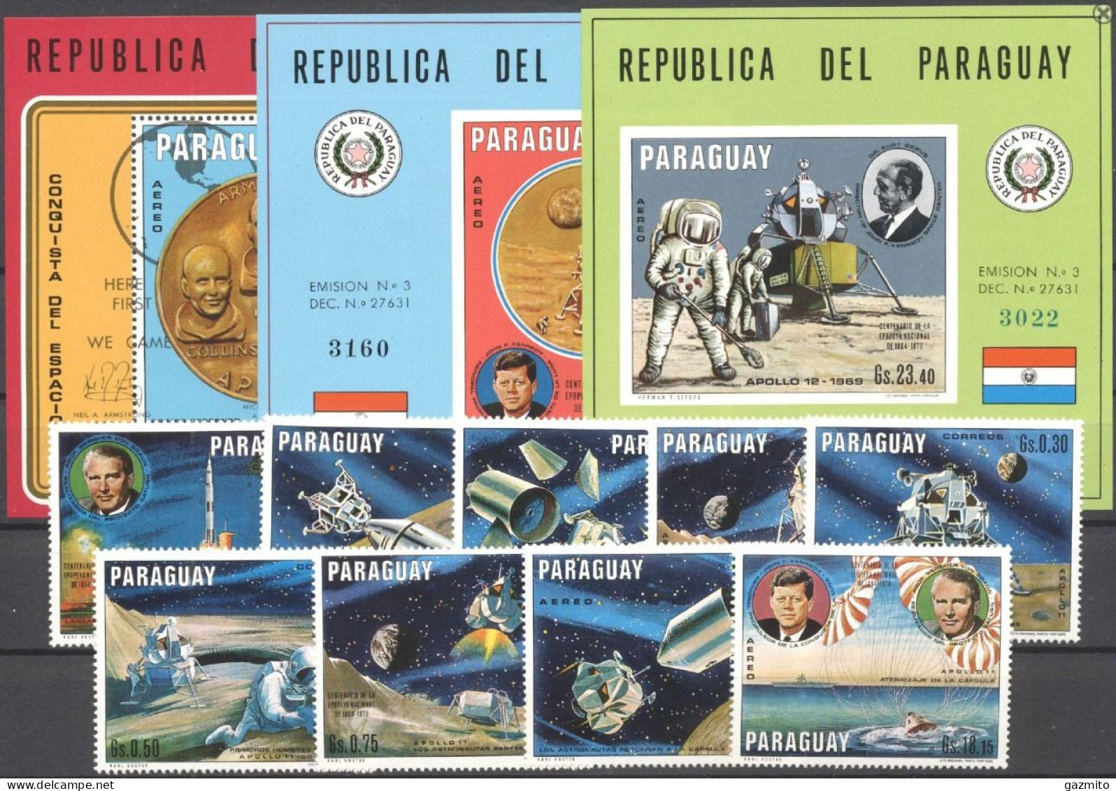 Paraguay 1970, Space, Kennedy, 9val +3BF - Kennedy (John F.)