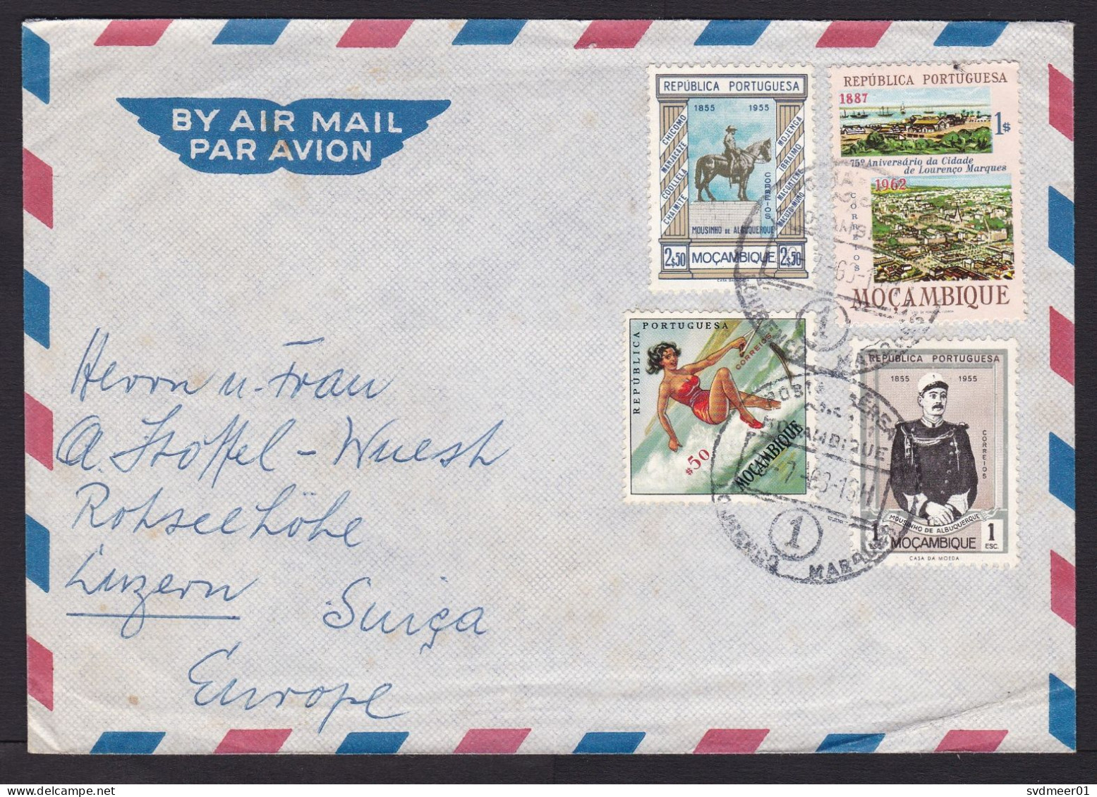 Mozambique: Airmail Cover To Switzerland, 1963, 4 Stamps, Water Skiing Lady, Military, Horse Statue (discolouring) - Mozambique