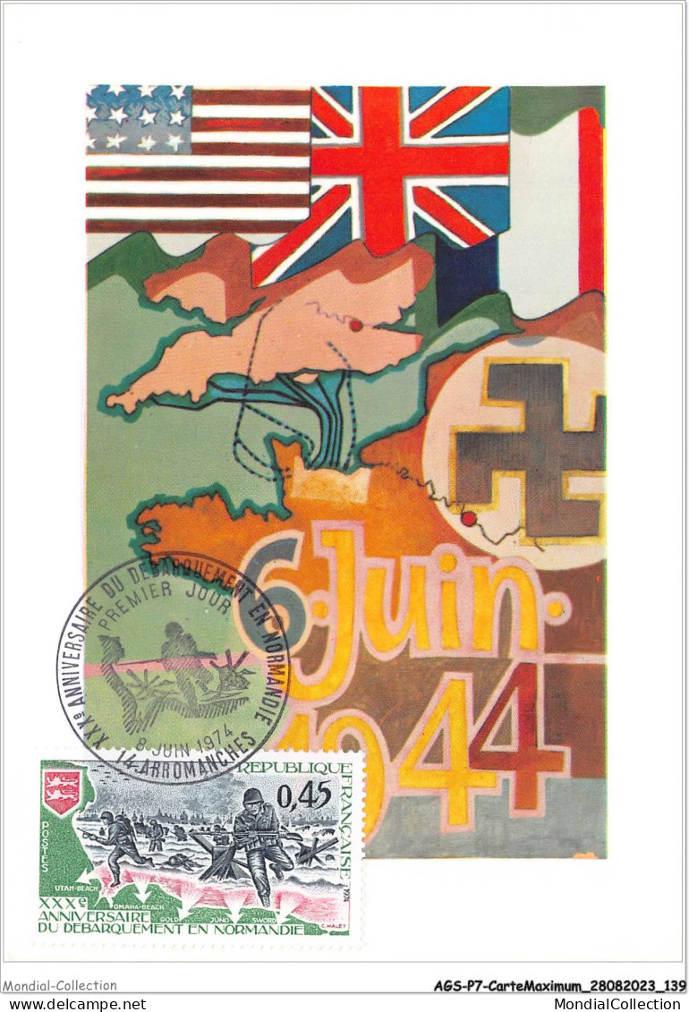 AGSP7-0475-CARTE MAXIMUM - ARROMANCHES 1974 - Anniversaire Du Debarquement En Normandie - 1970-1979