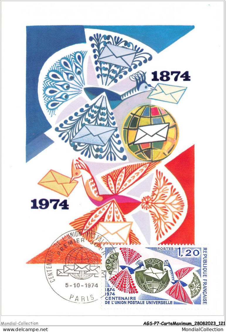 AGSP7-0465-CARTE MAXIMUM - PARIS 1974 - Centenaire De L'union Postale Universelle - 1970-1979