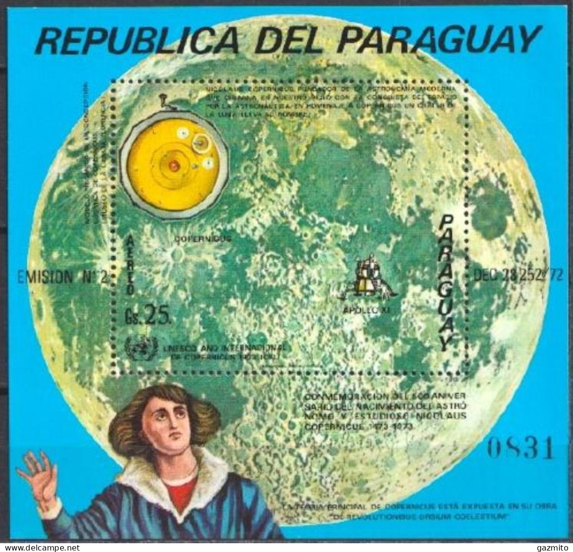Paraguay 1973, Space, Copernicus, Moon, BF - Astronomùia