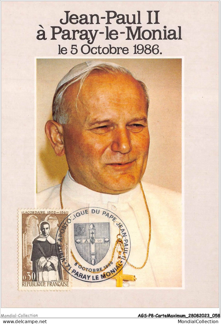 AGSP8-0512-CARTE MAXIMUM - PARAY LE MONIAL 1986 - Apostolique Du PAPE JEAN PAUL II - 1980-1989