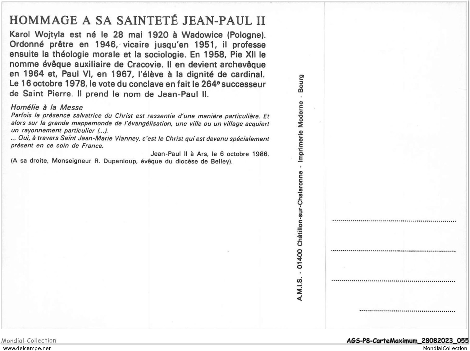 AGSP8-0510-CARTE MAXIMUM - ARS SUR FORMANS 1986 - Hommage Au Pape Jean Paul II - 1980-1989