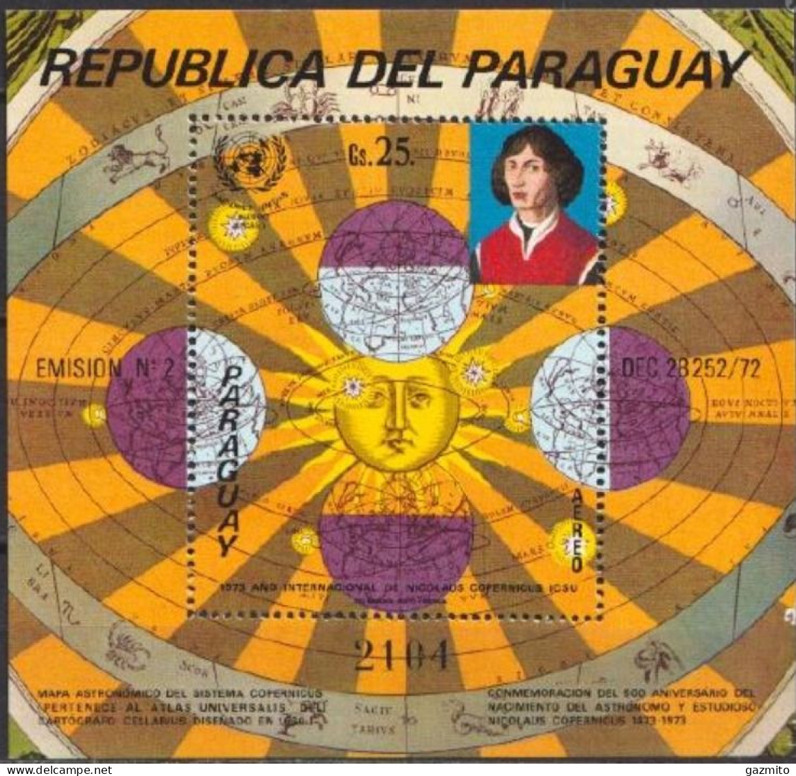 Paraguay 1973, Space, Copernicus, Sun, BF - Amérique Du Sud