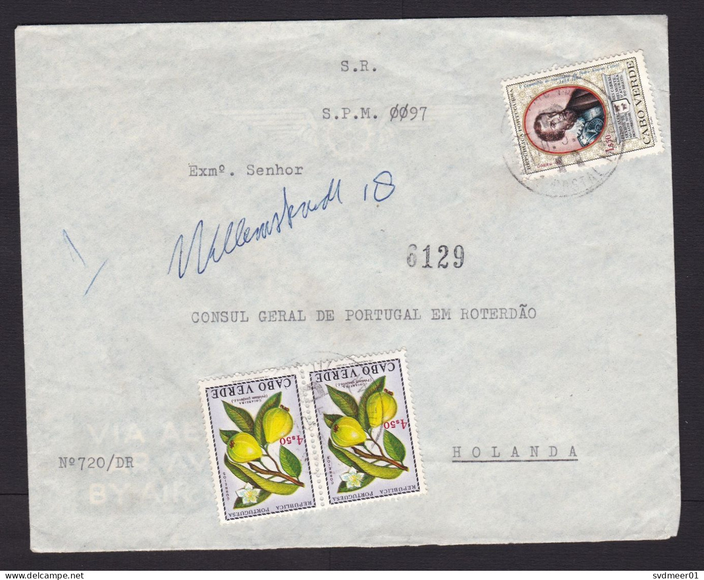 Cabo Verde: Cover To Netherlands, 1973, 3 Stamps, Fruit, History, To Consulate, No Address, Written Note (discolouring) - Cape Verde