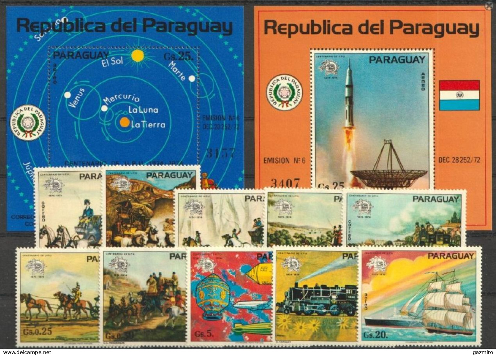 Paraguay 1974, 100th UPU, Space, Train, Balloon, Carriage, 10val +2BF - Trains