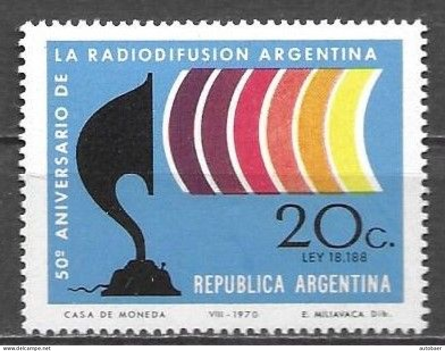 Argentina 1970 50 Years Aniversario Radio Radiodifusion Mi. 1067 MNH Postfrisch Neuf ** - Nuevos