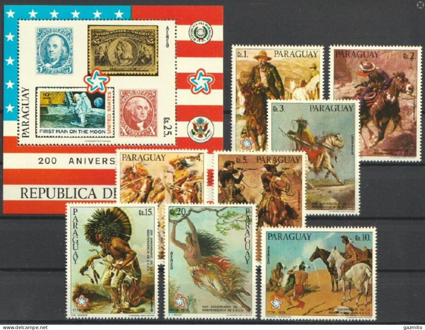 Paraguay 1976, 200th Independence  USA, Landing On The Moon, Stamps On Stamps, Native America, Colon, 8val +BF - Indianer