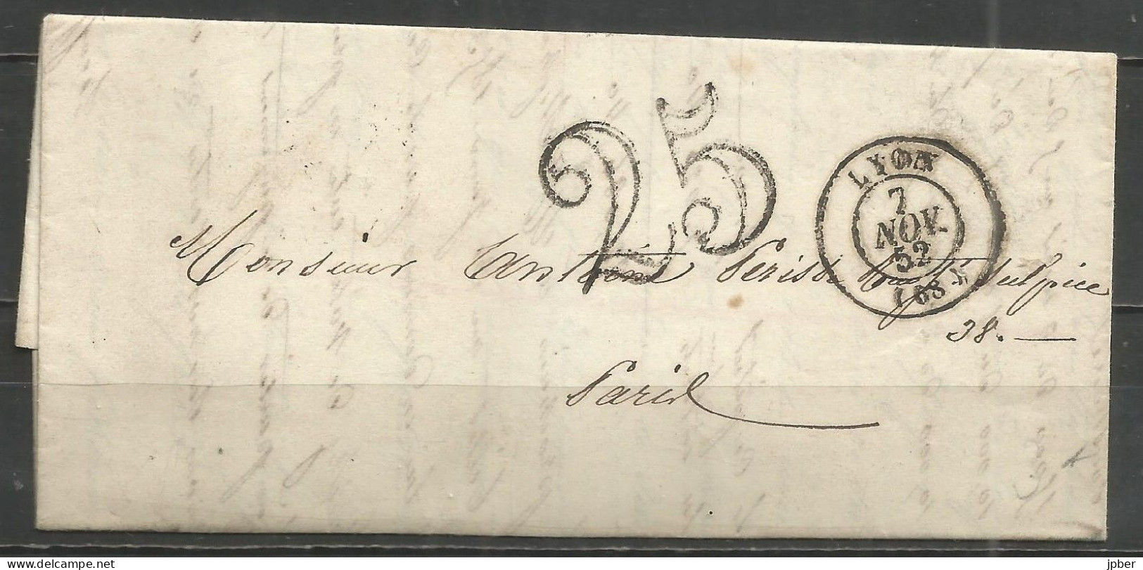 France - LYON - Càd Type 15 Sur LAC Non Affranchie De LYON Vers PARIS Du 7/10/52 + Cachet-taxe 25cts - 1849-1850 Cérès