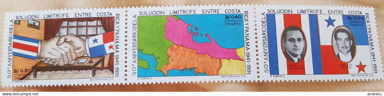 1992 Panama -  3 V., Map BORDER TREATY BETWEEN PANAMA AND COSTA RICA SC#: 793 MNH - Panamá