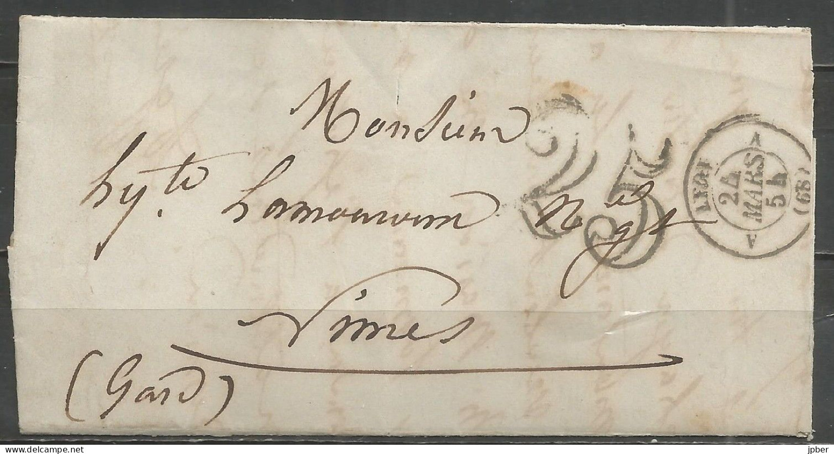 France - LYON - Càd Type 15 Sur LAC Non Affranchie De LYON Vers NIMES Du 24/3/24 + Cachet-taxe 25cts - 1849-1850 Cérès