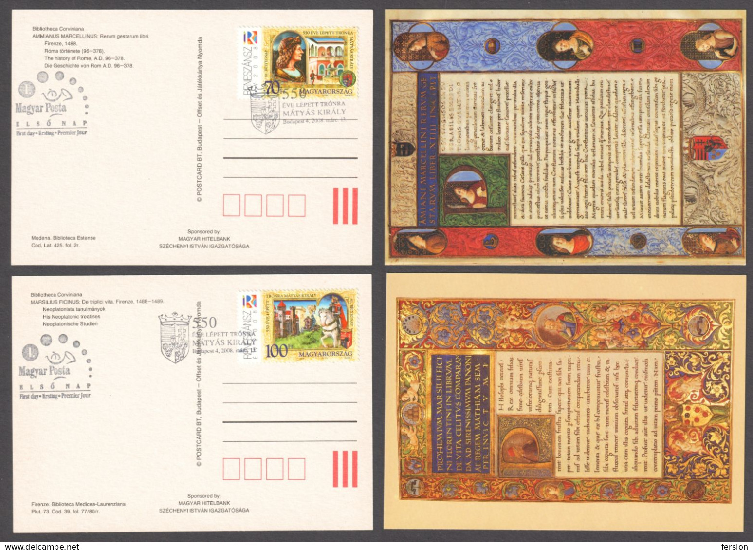 KING Matthias CORONATION Renaissance ART Year HORSE CASTLE 81 Stamp Day 2008 Hungary LIBRARY BOOK Codex FDC POSTCARD - Royalties, Royals