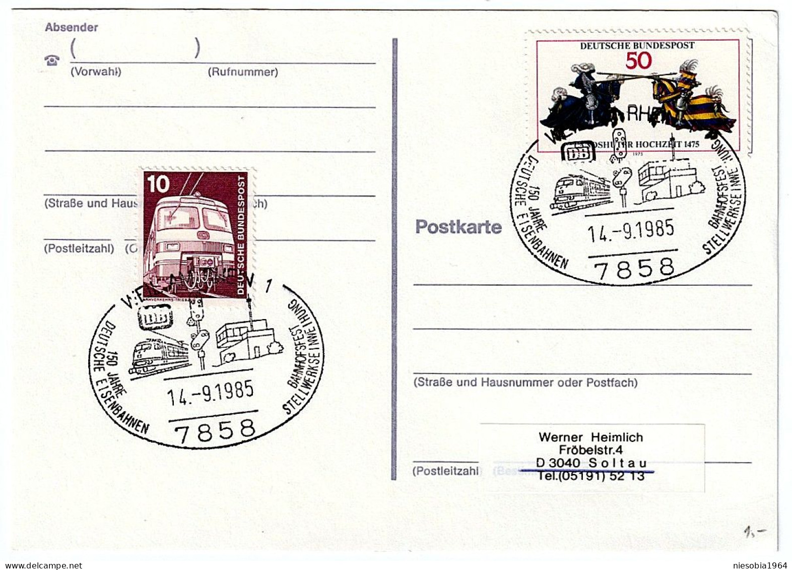 150 Jahre Deutsche Eisenbahnen Weil Am Rhein 14.09.1985 Postcard, Railway Theme, 2 X Occasional Stamps - Postkarten - Gebraucht