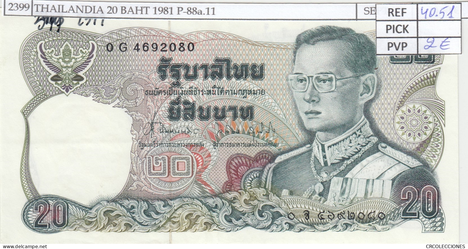 BILLETE THAILANDIA 20 BAHT 1981 P-88a.11 - Autres - Asie