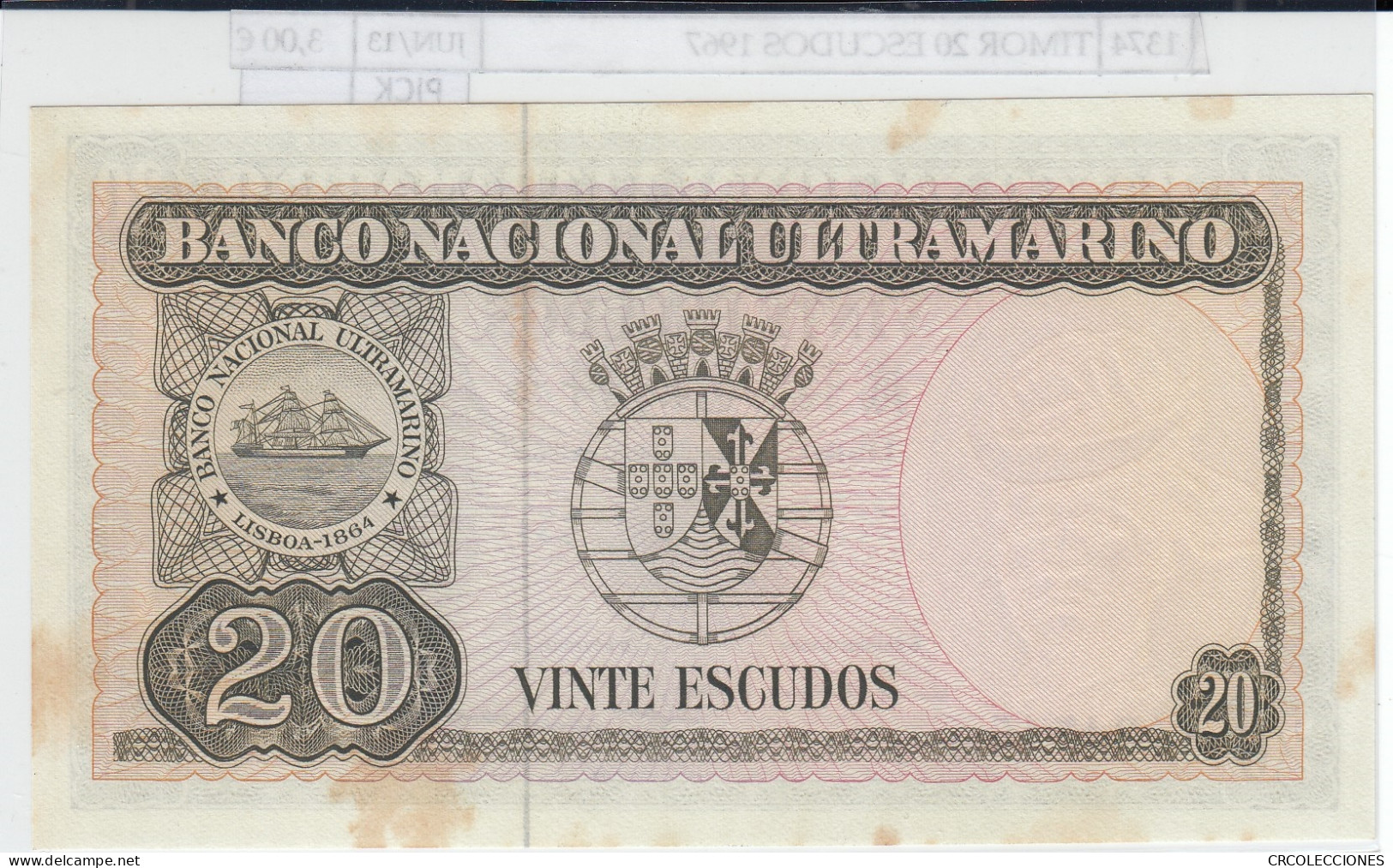 BILLETE TIMOR 20 ESCUDOS 1967 P-26a.7  - Other - Asia