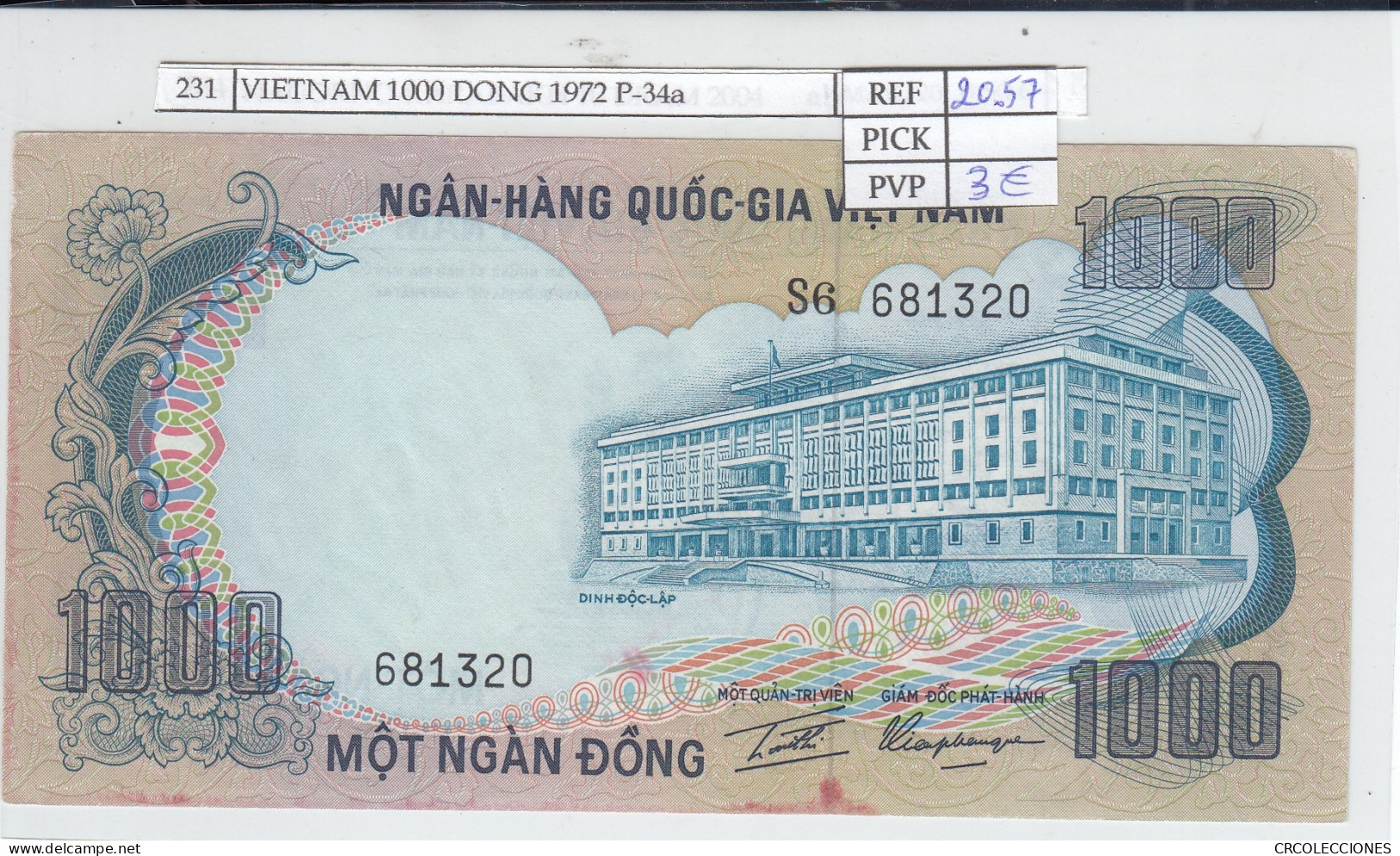 BILLETE VIETNAM 1000 DONG 1972 P-34a - Autres - Asie