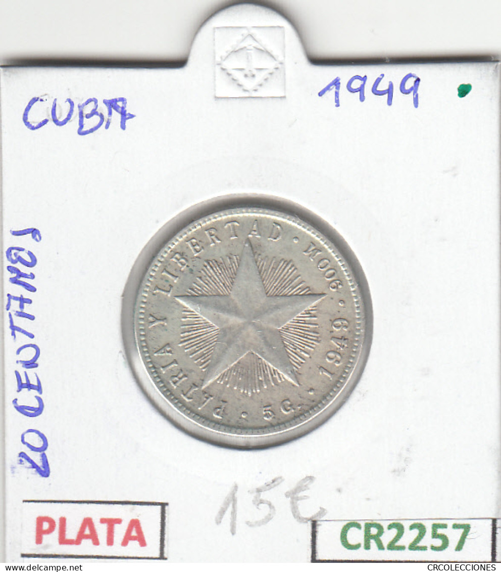 CR2257 MONEDA CUBA 20 CENTAVOS  1949 PLATA MBC - Autres – Amérique