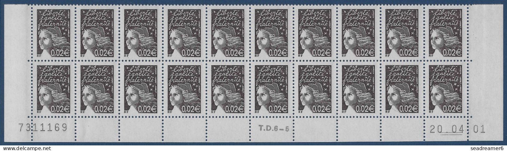 Marianne De Luquet Bloc De 20 Bas De Feuille N°3444 0.02€ Daté 20.04.01 Numéroté + TD6-5  1er Jour Du 1er Tirage ! TTB - Unused Stamps