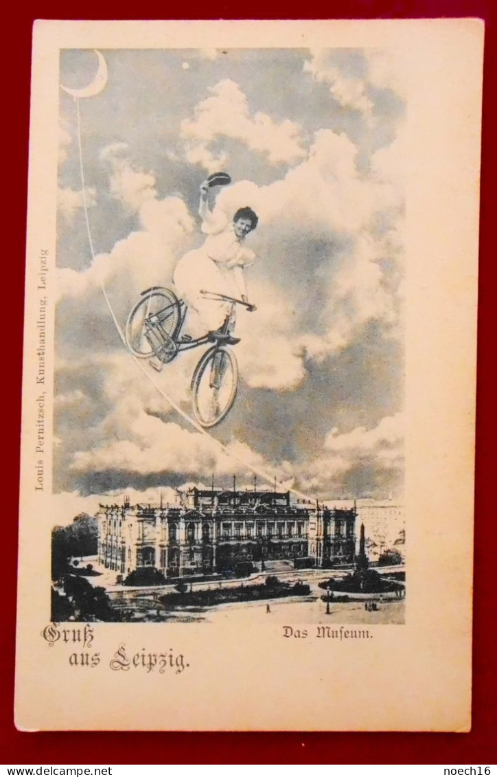 CPA Fantaisie. Gruss Aus Leipzig. Das Museum. Frau Auf Einem Fahrrad. Allemagne - Leipzig